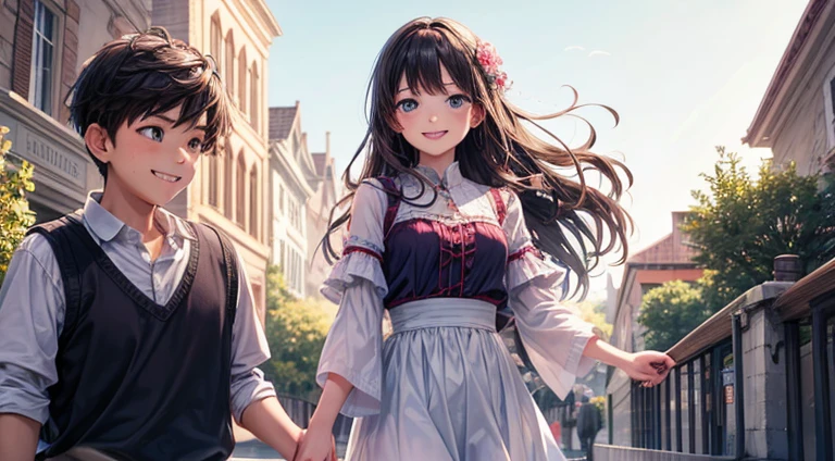 The girl smiled happily and held the boy&#39;s hand