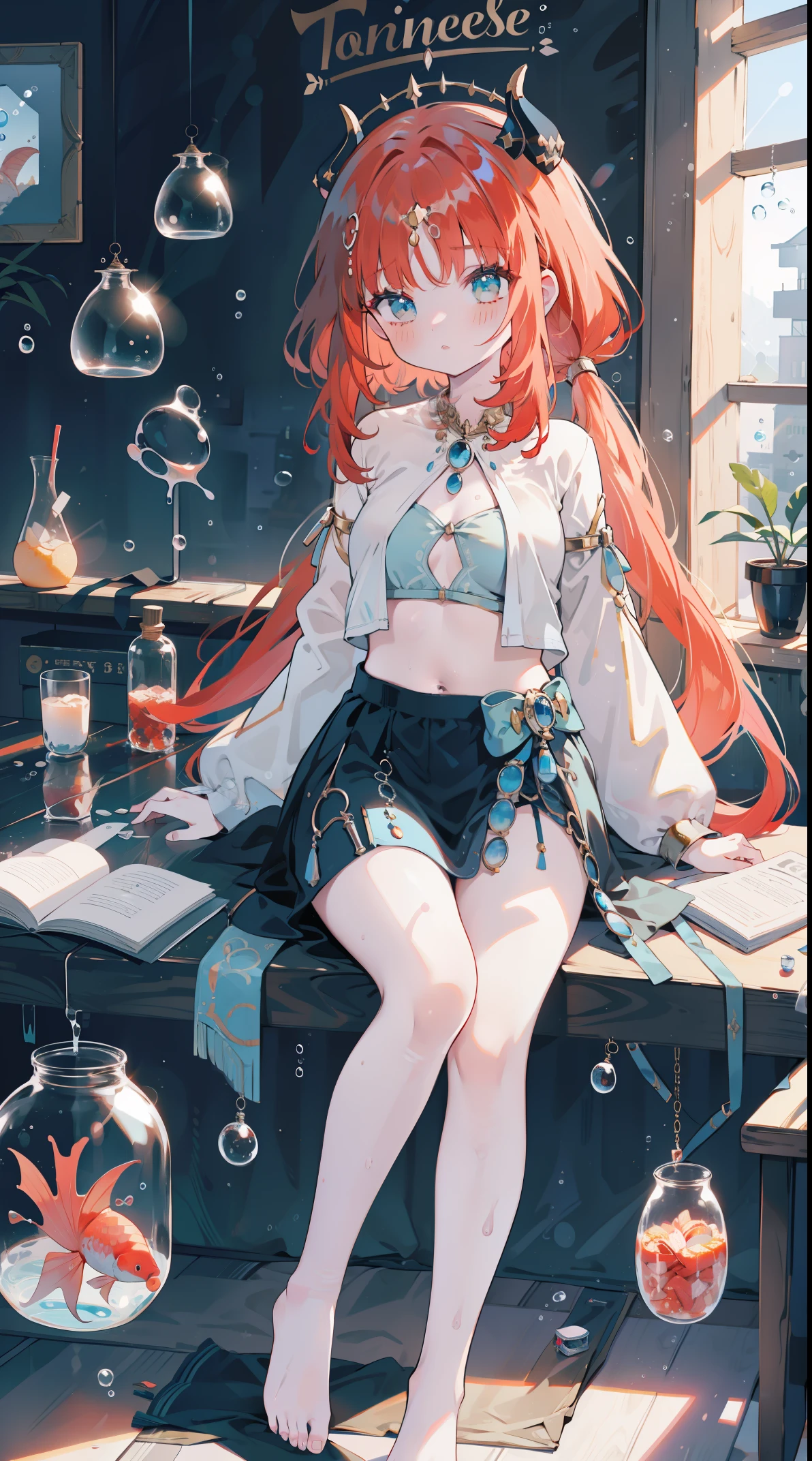 （（（（（（inside jar））））））、A boy with, ((full bodyesbian)), Wendi (genshin impact),brunette color hair, Green eyes, ((((Packed in jars))))、adolable、最small, small, A piece of,(((Packed in jars))), (Eau, Eau泡)