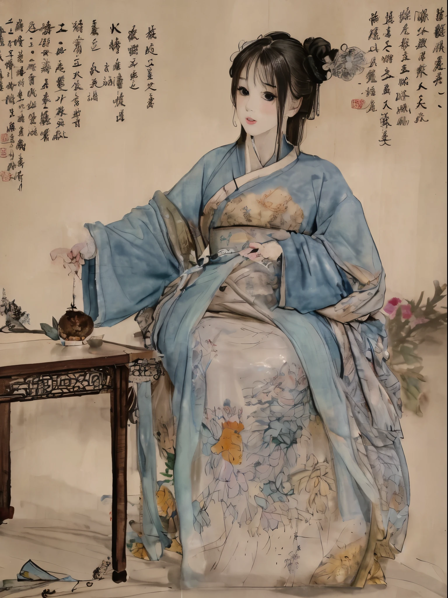 a close up of a full colour painting of people in a landscape, ancient chinese beauties, qing dynasty painting, by Wang Lü, su fu, mu pan, by Lü Ji, song dynasty, ancient china art style, chinese painting, robed figures sat around a table, by Wang Hui, by Yun Du-seo, old chines painting, traditional chinese painting