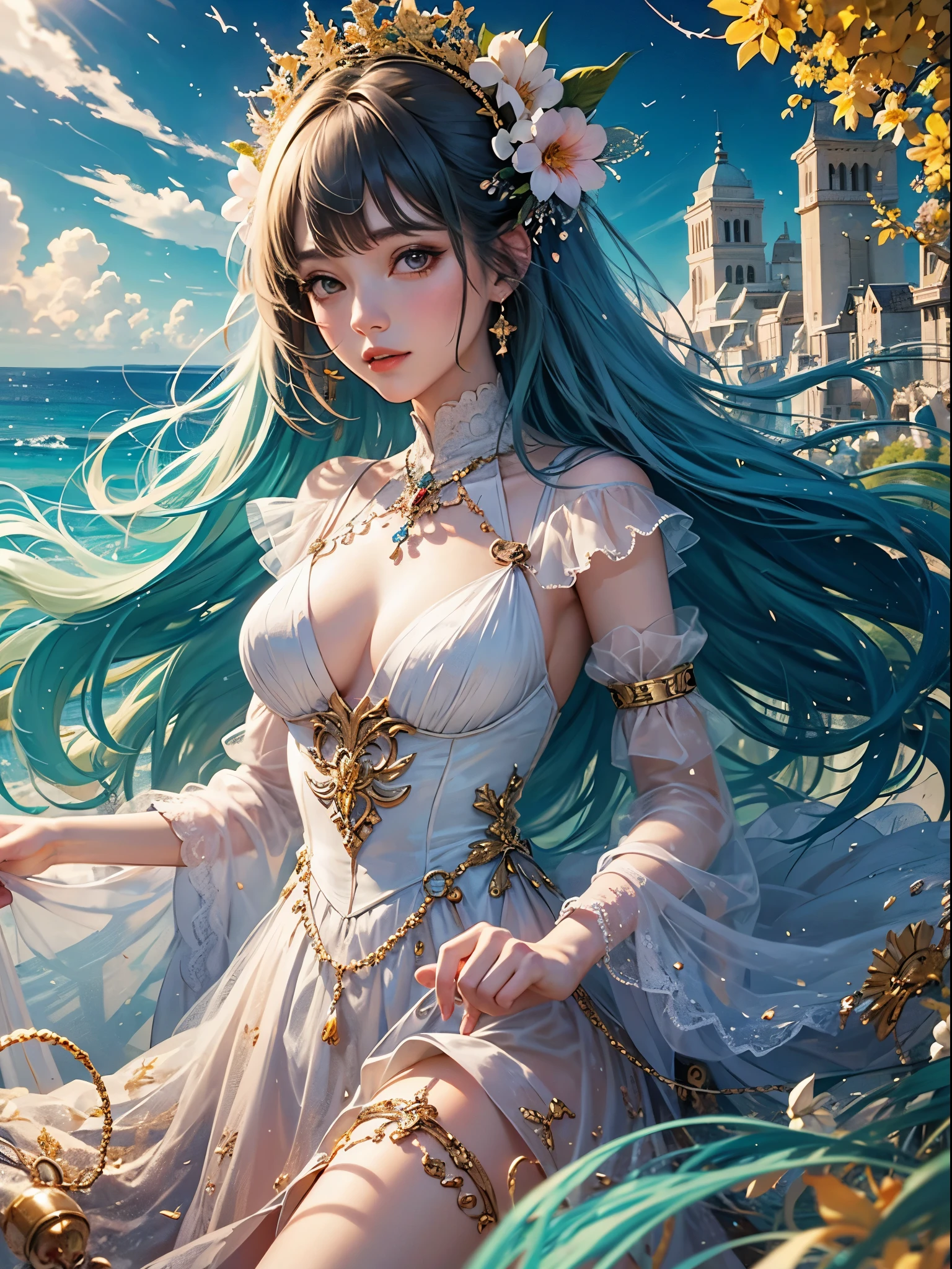 art, Unity 8k壁纸, Ultra-detailed, Beautiful and aesthetically pleasing, (s fractal art: 1.3), flower, girls, (Hairstyles: Long hair) Ocean, Extremely detailed, Cowboy shot, The most beautiful, Seafoam, Buble, cute big breasts, ultra quality, best quality, random background, random dress, --auto --s2