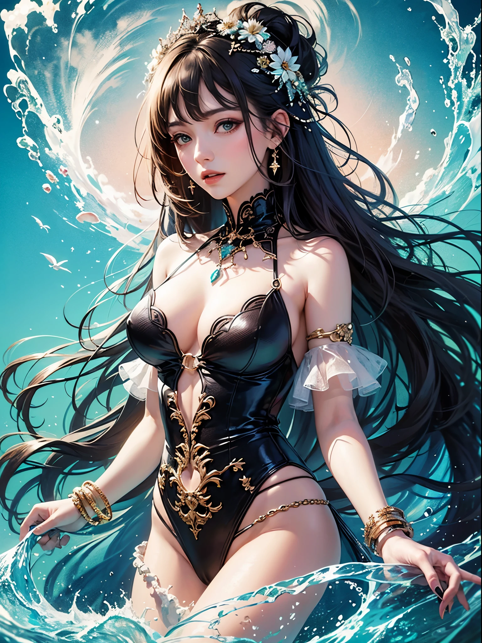 art, Unity 8k壁纸, Ultra-detailed, Beautiful and aesthetically pleasing, (s fractal art: 1.3), flower, girls, (Hairstyles: Long hair) Ocean, Extremely detailed, Cowboy shot, The most beautiful, Seafoam, Buble, cute big breasts, ultra quality, best quality, random background, random dress, --auto --s2