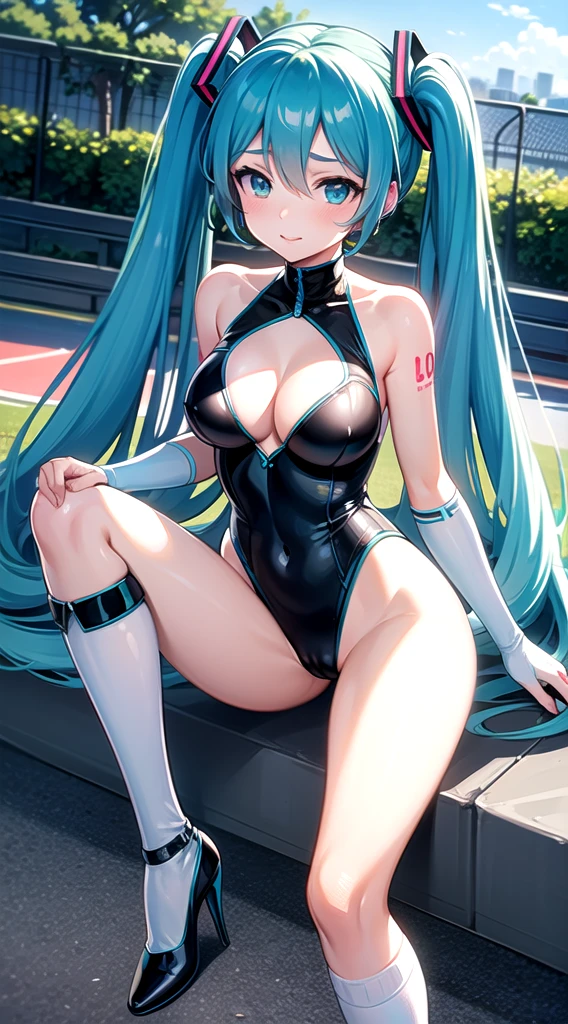 ((Hatsune Miku)), sexy outfit, twintails, high-leg leotard, knee-high socks, high heels, ((race queen)), ((race circuit)), Mercedes-Benz, sexy pose, high quality, high resolution, anime illustration
