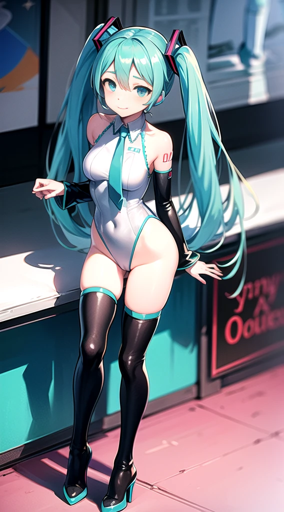 ((Hatsune Miku)), sexy outfit, twintails, high-leg leotard, knee-high socks, high heels, ((race queen)), ((race circuit)), Mercedes-Benz, sexy pose, high quality, high resolution, anime illustration