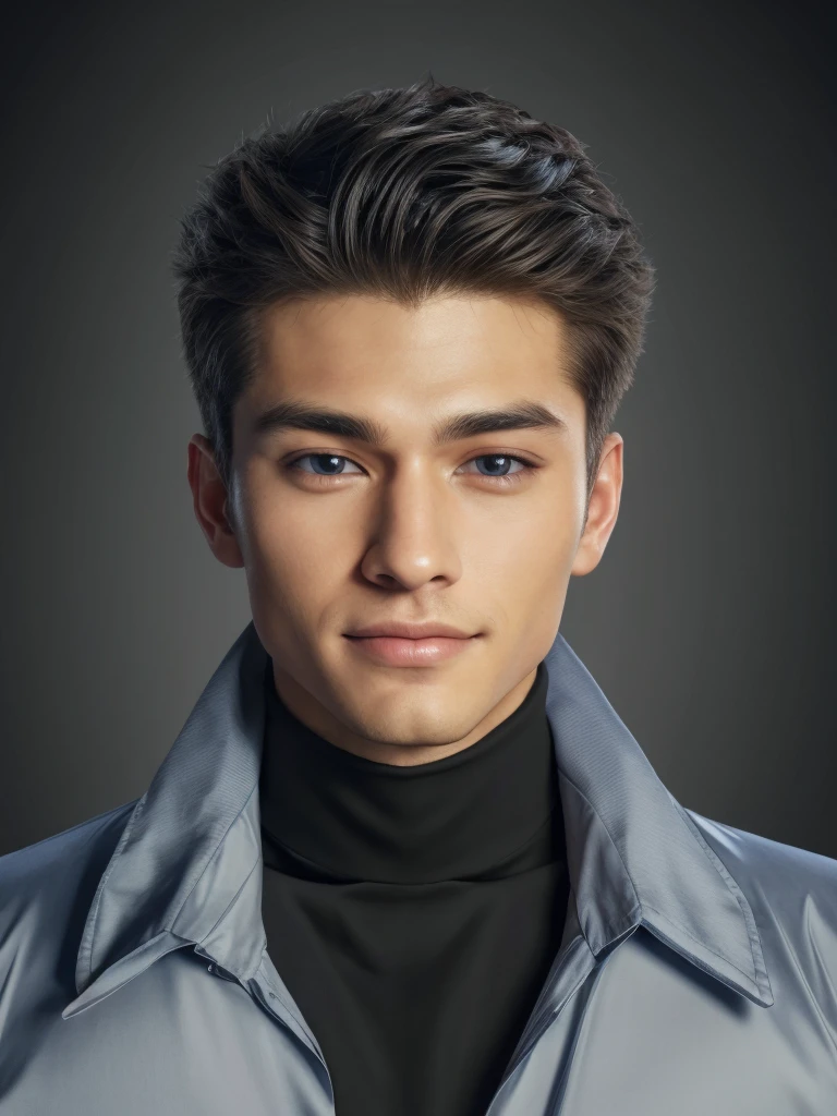 (suit, business attire), 1 handsome young man, 26 years old, muscular young male, big pectoralis, (mouth close:1.5), (smile:1), realistic, detailed face, under-cut hair, detailed skin,
big eyes, bigger eyes, black eyes, eye reflection,
night, sitting, dating, building, office, fpt office,(nose blush), glossy lips, best quality, (photorealistic:1.4), ultra highres, extremely detailed, intricate,