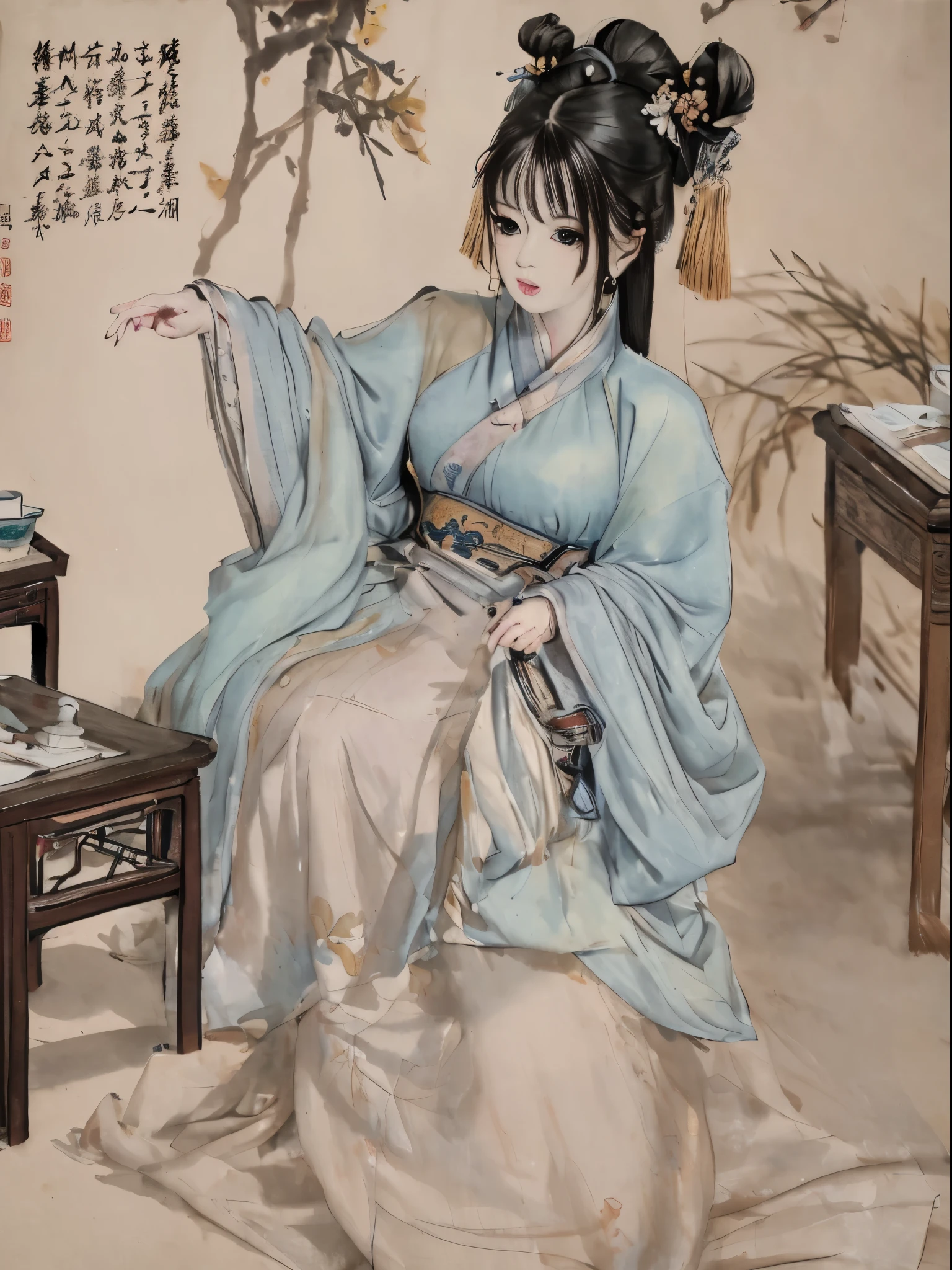 a close up of a full colour painting of people in a landscape, ancient chinese beauties, qing dynasty painting, by Wang Lü, su fu, mu pan, by Lü Ji, song dynasty, ancient china art style, chinese painting, robed figures sat around a table, by Wang Hui, by Yun Du-seo, old chines painting, traditional chinese painting