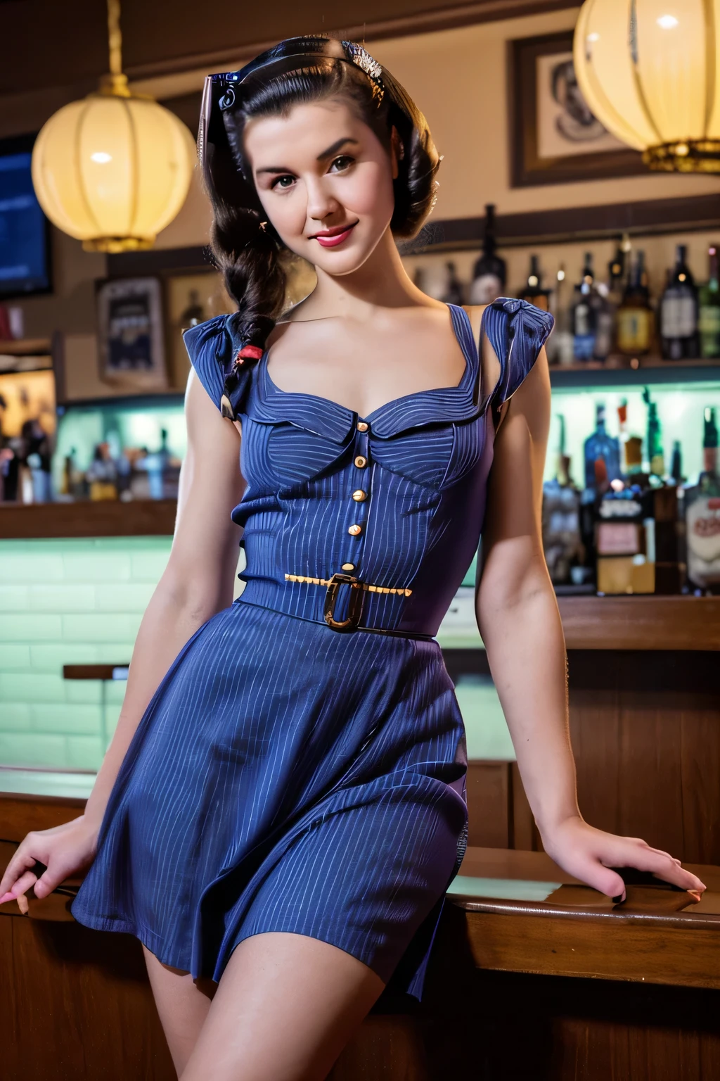 full body portrait of Betty (styled in a 1940's, Sailor Dress, highly detailed:1.3), (highly detailed face:1.8), (1940's Pompadour Hairstyle:1.3), (slim body, small breasts, small hips:1.5), (leaning back on the bar:1.5), (background inside a dark, old, 1940's big-band bar:1.4), (soft studio lighting, volumetric shadows), JCH Street Pan, ISO 100