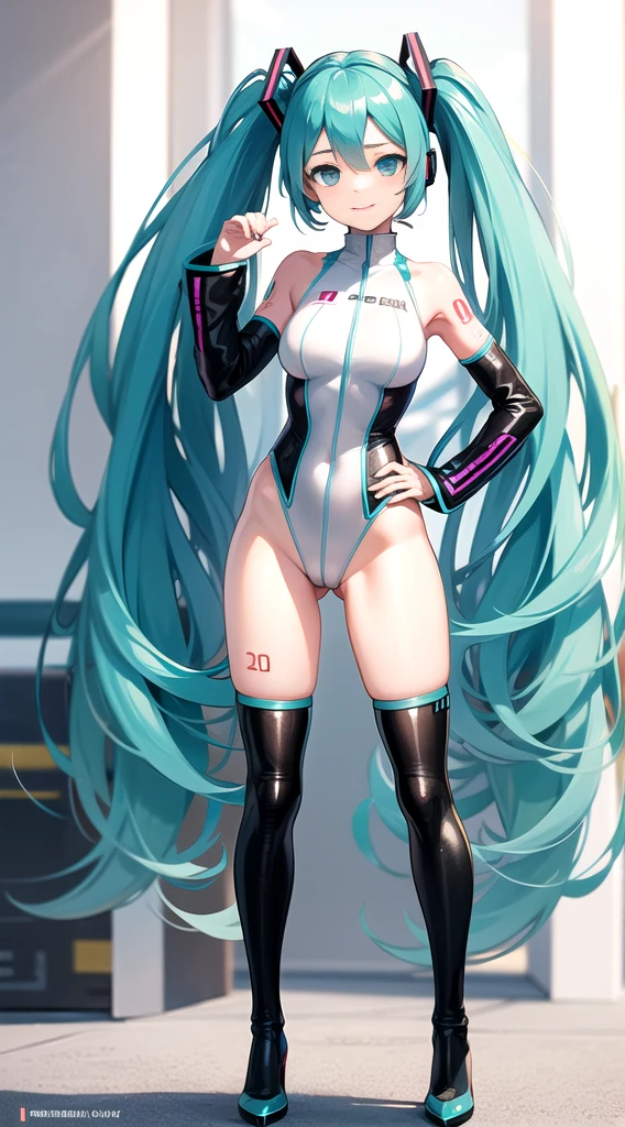 ((Hatsune Miku)), sexy outfit, twintails, high-leg leotard, knee-high socks, high heels, ((race queen)), ((race circuit)), Mercedes-Benz AMG GT3, cute pose, high quality, high resolution, anime illustration