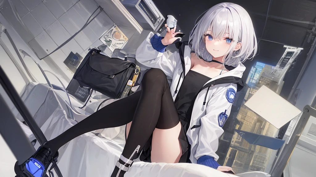 1girll,Solo,Cry,废墟,(Blood),Kneeling on the ground,Boots,Blue eyes,wind coat,gloves