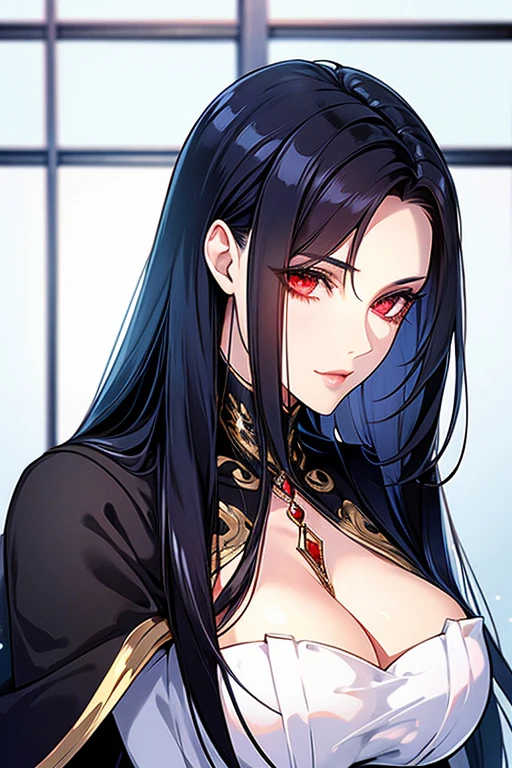 Mature Vampire Queen long black hair and white dress