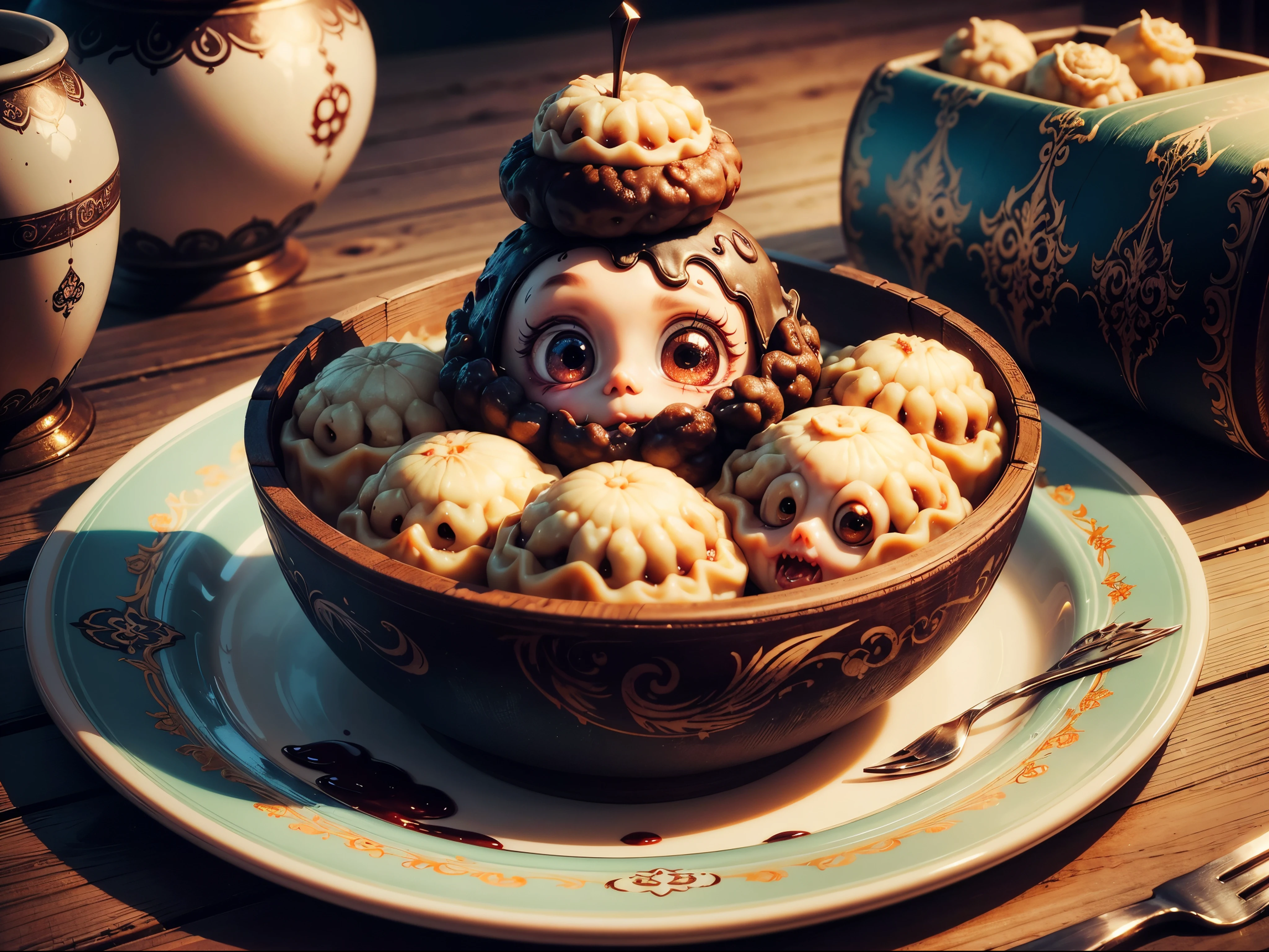 (masterpiece), super detail, best quality, ultra high res, highres, 8k, UHD, HDR, cute zombie dumplings, cute design, close-up, on the table