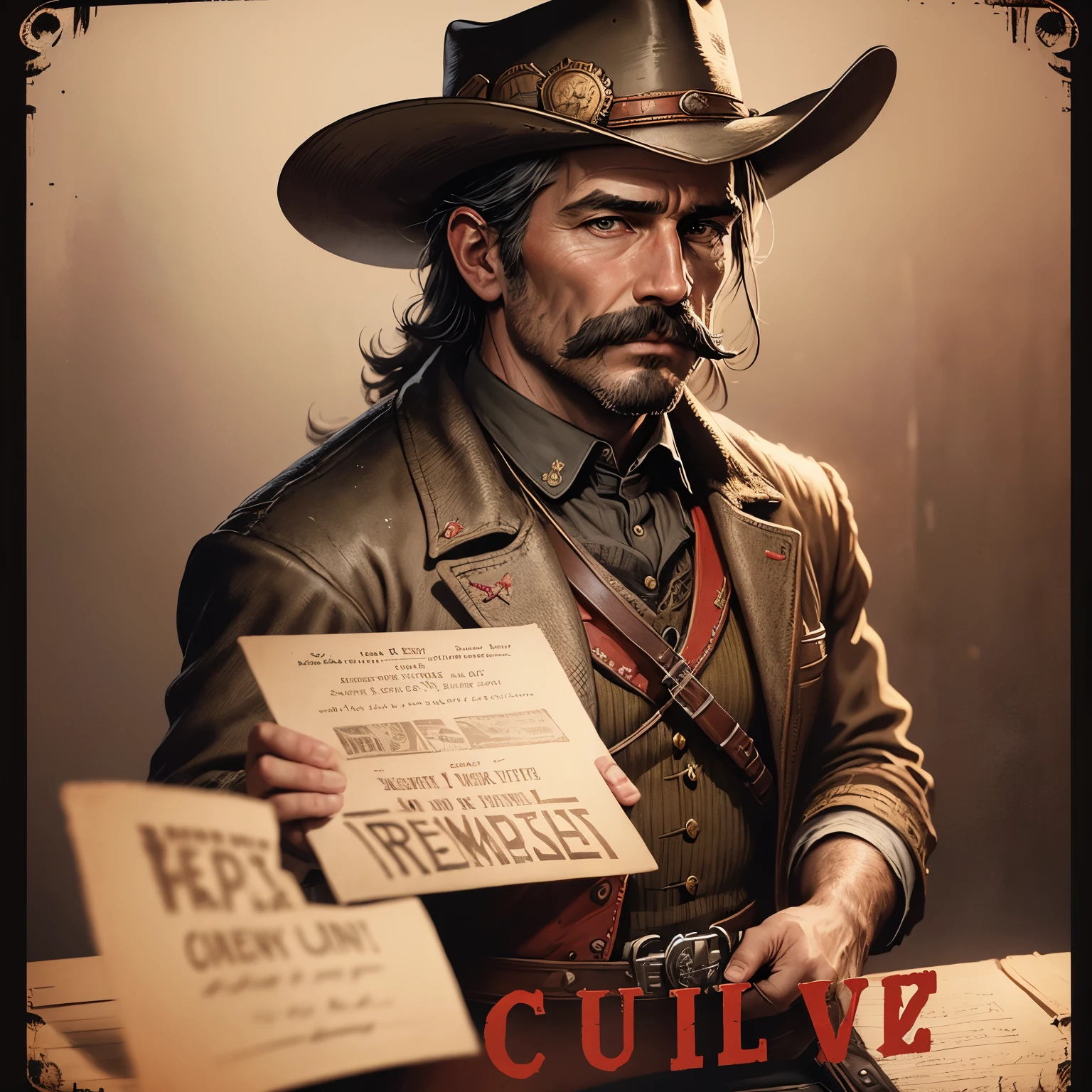 Sheriff Curtis Malloy&#39;s Cigarette Card in Red Dead Redemption 2, detailed portrait, Vintage Illustration, hight resolution, Realistic colors, Complex drawing, Old textures, Vibrant colors, Dramatic Lighting, Full body shot, nevada state hat, nothing but a mustache,wanted poster