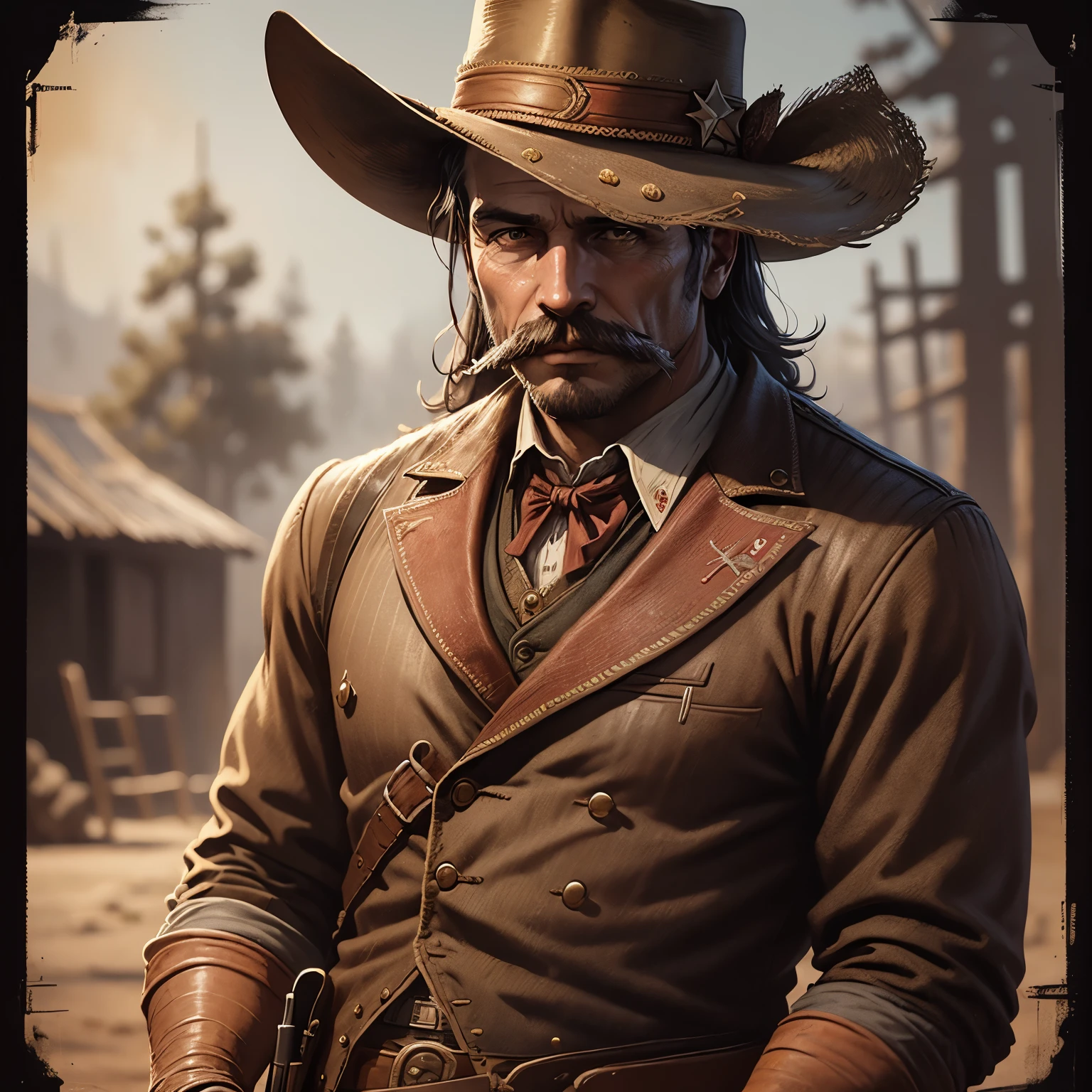 Sheriff Curtis Malloy's Cigarette Card in Red Dead Redemption 2, detailed portrait, Vintage Illustration, hight resolution, Realistic colors, Complex drawing, Old textures, Vibrant colors, Dramatic Lighting, Full body shot, nevada state hat, nothing but a mustache,wanted poster