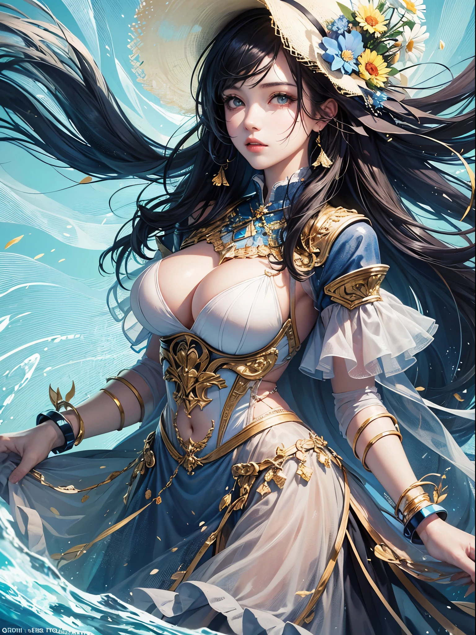 art, Unity 8k壁纸, Ultra-detailed, Beautiful and aesthetically pleasing, (s fractal art: 1.3), flower, girls, (Hairstyles: Long hair) Ocean, Extremely detailed, Cowboy shot, The most beautiful, Seafoam, Buble, cute big breasts, ultra quality, best quality, random background, random dress, --auto --s2