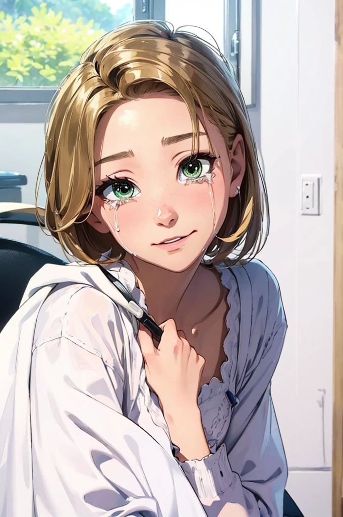 (masutepiece:1.2), (Best Quality), (ultra-detailliert), (8K, 4K, Convoluted),(Half body:1.2),(Highly detailed:1.2),(Detailed face:1.2), (Detailed background),(Portrait),Detailed landscapes,((Text to Image Cutting Hair:1.3)),Rapunzel,1girl in, Solo,From the front,sit in the chair in front of the barber shop,(center part), streaming tears:1.2,shocked, Blonde hair, Pixie cut:1.5, Green eyes, Inside the barbershop,(White cloth for haircut),