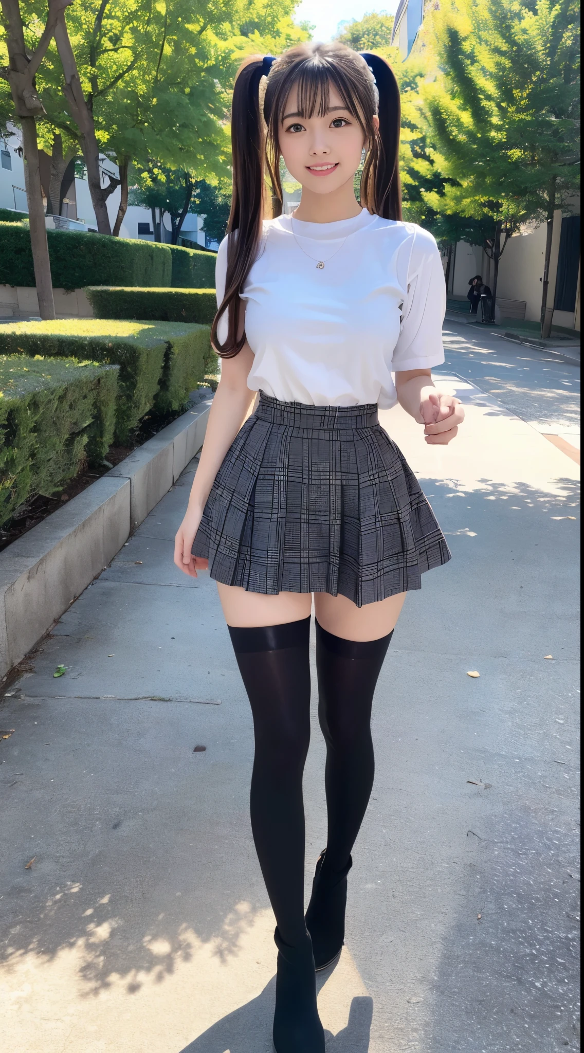 (High quality, High resolution, Ultra-detailed, Realistic:1.37), (Full Body Pose)、(Photographing one girl in its entirety)、peaceful ambiance, (plein air, a park)、 ((large twin tails、Scrunchie))、18 year old high school girl standing alone、small tits, Beautiful detailed features, Cute smile, (A dark-haired), (urban casual outfit), (Plaid mini skirt), (Black tights)、(tight round boots)、Stretching one leg