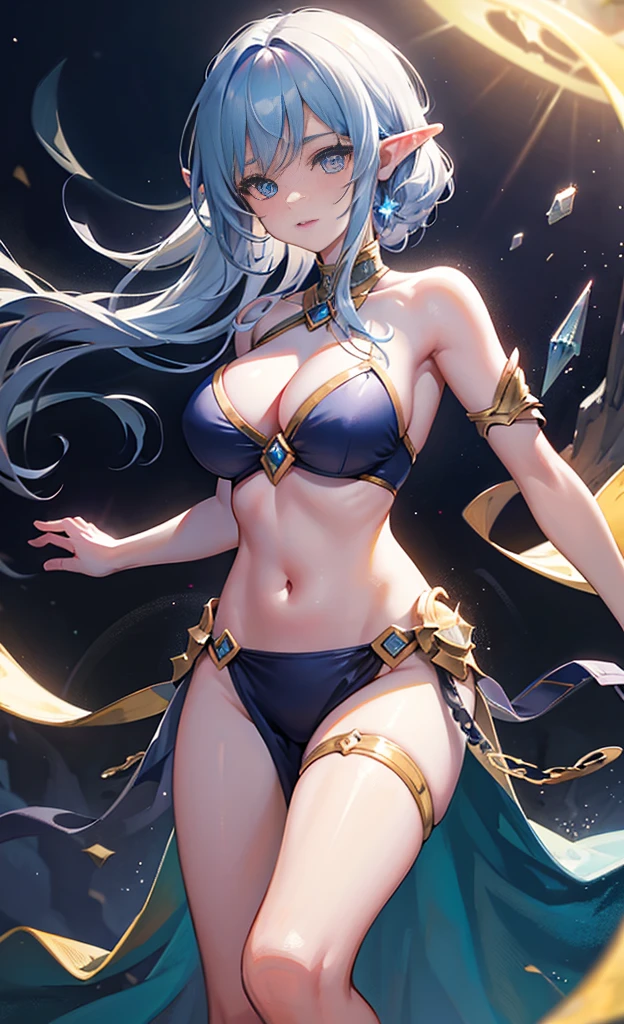 the hair，Nice face，blue bikini armor，Heterochromatic pupil，fully body photo，half moon，under moonlight，(tmasterpiece:1.1),(Best quality:1.1),(HighDynamicRange:1),ambient light,Super girl, mystical elf, looking into crystal ball, holding mysteries, showing a microcosm space, stars, unique, huge breasts, cleavage, candlelight, dark background, atmosphere of mystery, smoke, subtle multicolored lighting,