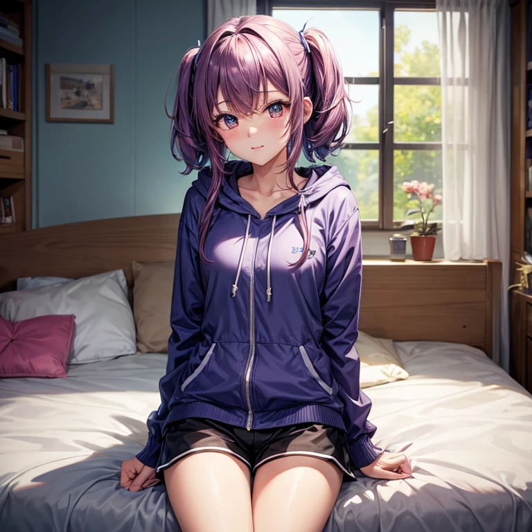 top-quality, hight resolution, 8K images,best qualtiy,hight resolution、A woman who is cute no matter who sees her、Tsundere、Highly detailed CG Unity 8K wallpapers,1girl in, 独奏, Violet hair, アニメ少女独奏、 Absolute area、Looking at the camera、(Illustration ratio:1.1)、is standing、Inside the girl's room、parka、short pants、relax、hight resolution、foco nítido、