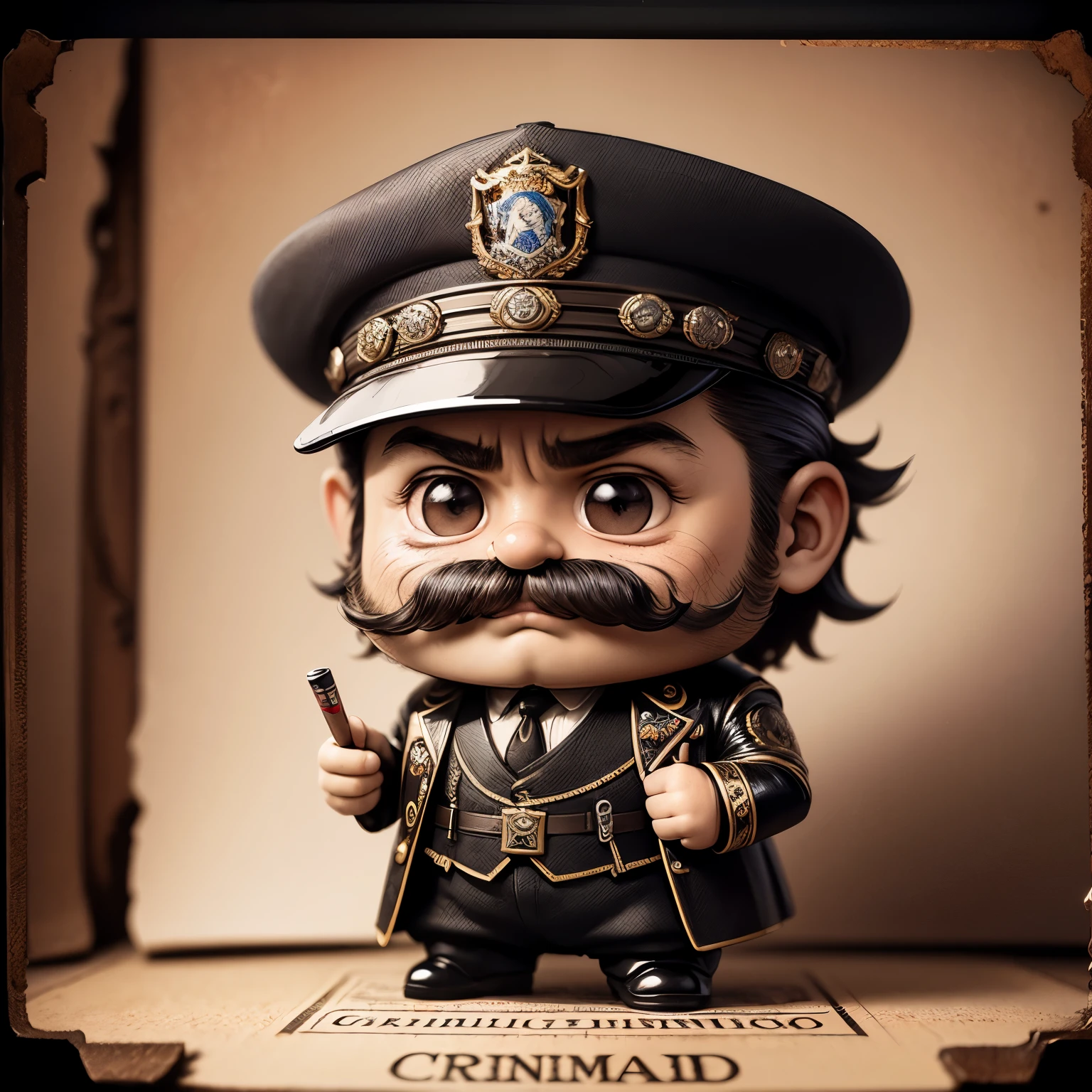 masterpiece、top-quality、ultra-detailliert、(Chibi character wanted criminal:1.2)cigarette card, detailed portrait, Vintage Illustration, hight resolution, Realistic colors, Complex drawing, Old textures, Vibrant colors, Dramatic Lighting, Full body shot, nevada state hat, nothing but a mustache,wanted poster