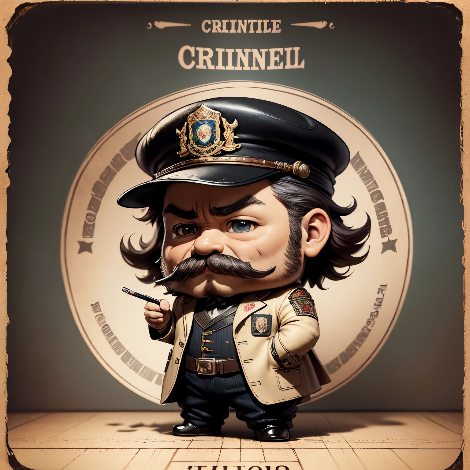 masterpiece、top-quality、ultra-detailliert、(Chibi character wanted criminal:1.2)cigarette card, detailed portrait, Vintage Illustration, hight resolution, Realistic colors, Complex drawing, Old textures, Vibrant colors, Dramatic Lighting, Full body shot, nevada state hat, nothing but a mustache,wanted poster