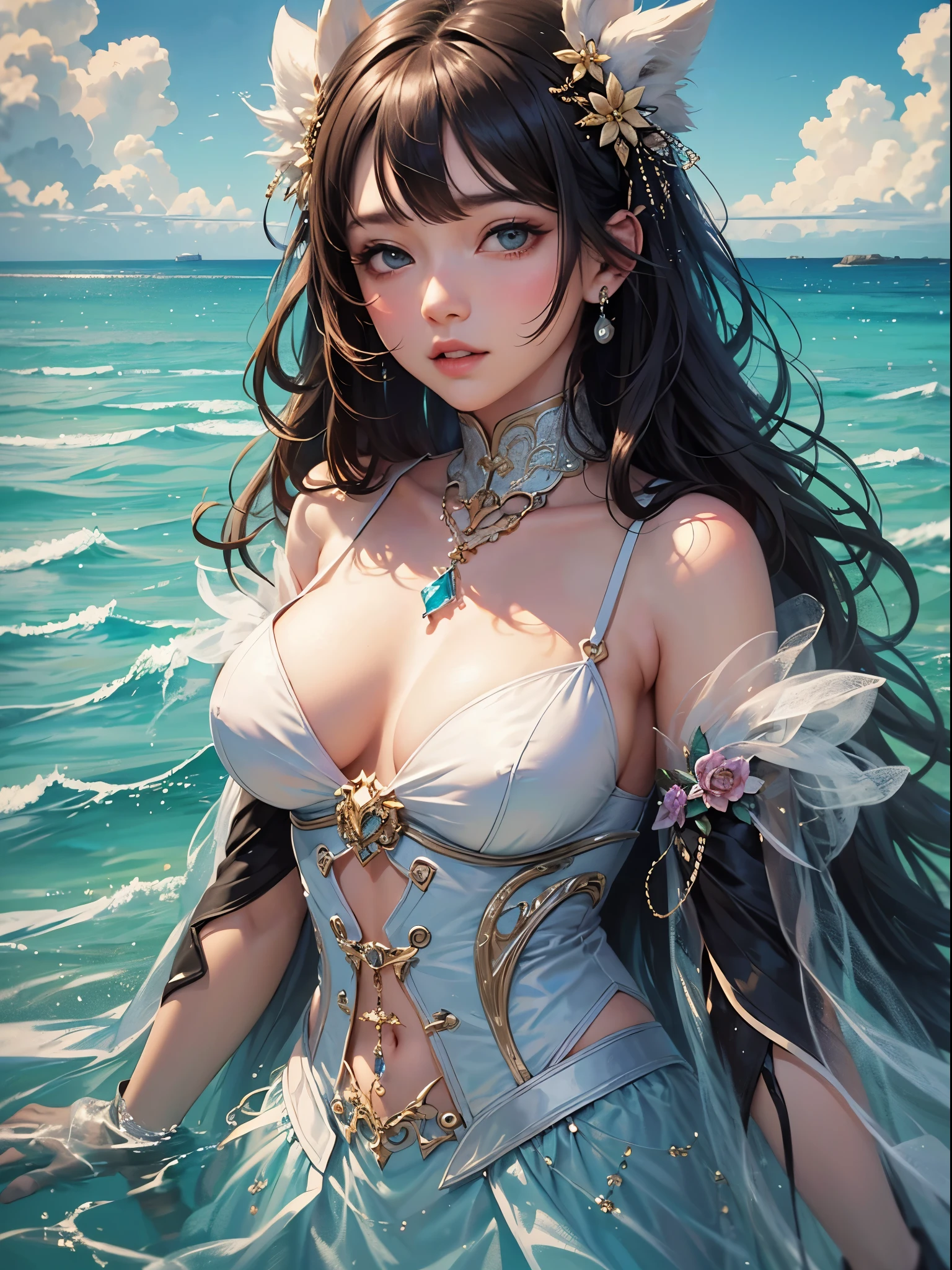 art, Unity 8k壁纸, Ultra-detailed, Beautiful and aesthetically pleasing, (s fractal art: 1.3), flower, girls, (Hairstyles: Long hair) Ocean, Extremely detailed, Cowboy shot, The most beautiful, Seafoam, Buble, cute big breasts, ultra quality, best quality, random background, random dress, --auto --s2