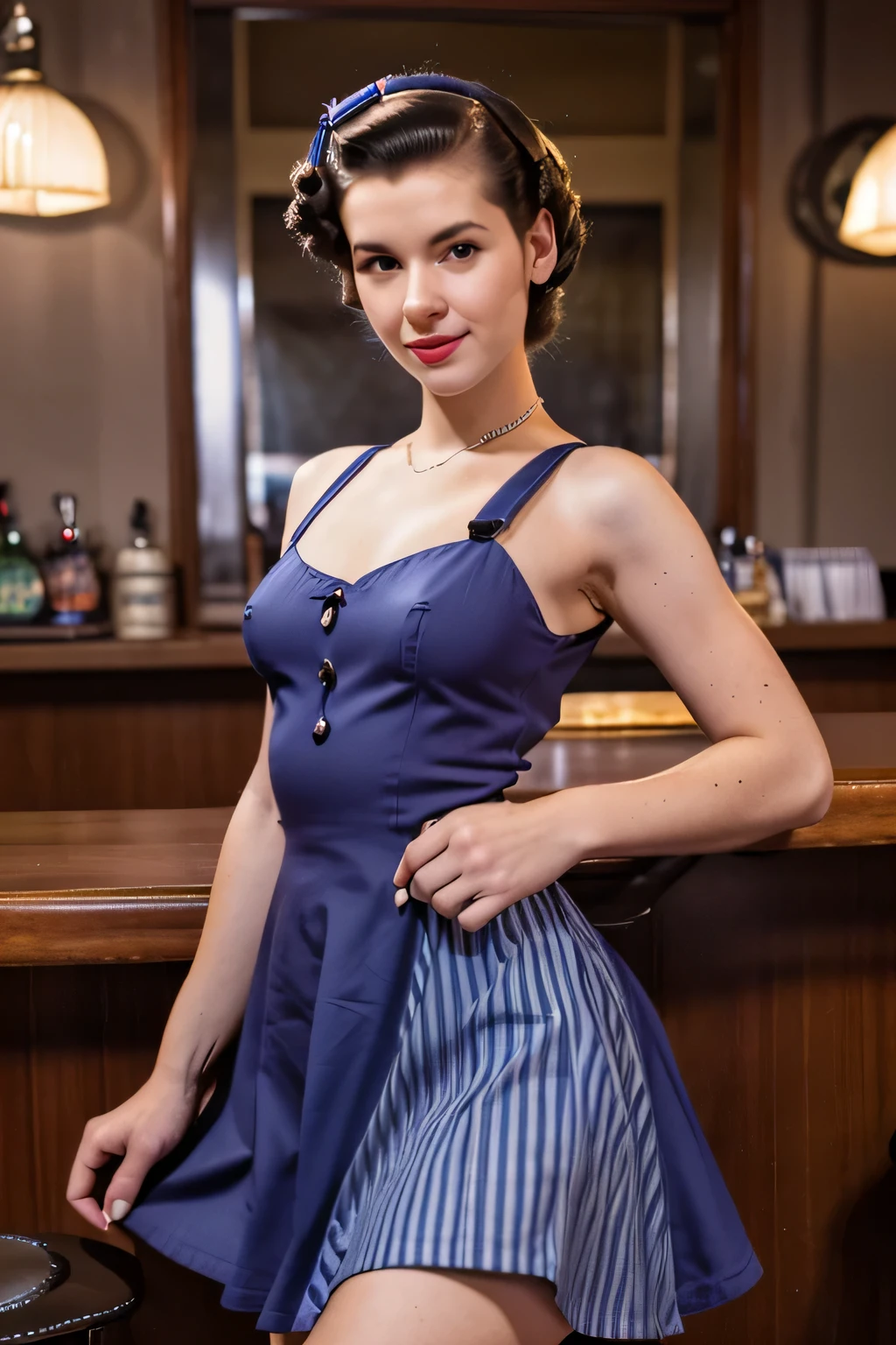 Full body portrait of Betty (1940s style, sailor dress, Highly detailed:1.3), (Highly detailed face:1.8), (Pompadour hairstyles in the 1940s:1.3), (Slim body, Small breasts, small hips:1.5), (Leaning against the bar:1.5), (dark backgrounds, old, Big band bars in the 1940s:1.4), (soft studio lighting, volumetric shadow), JCH Street Pan, ISO 100