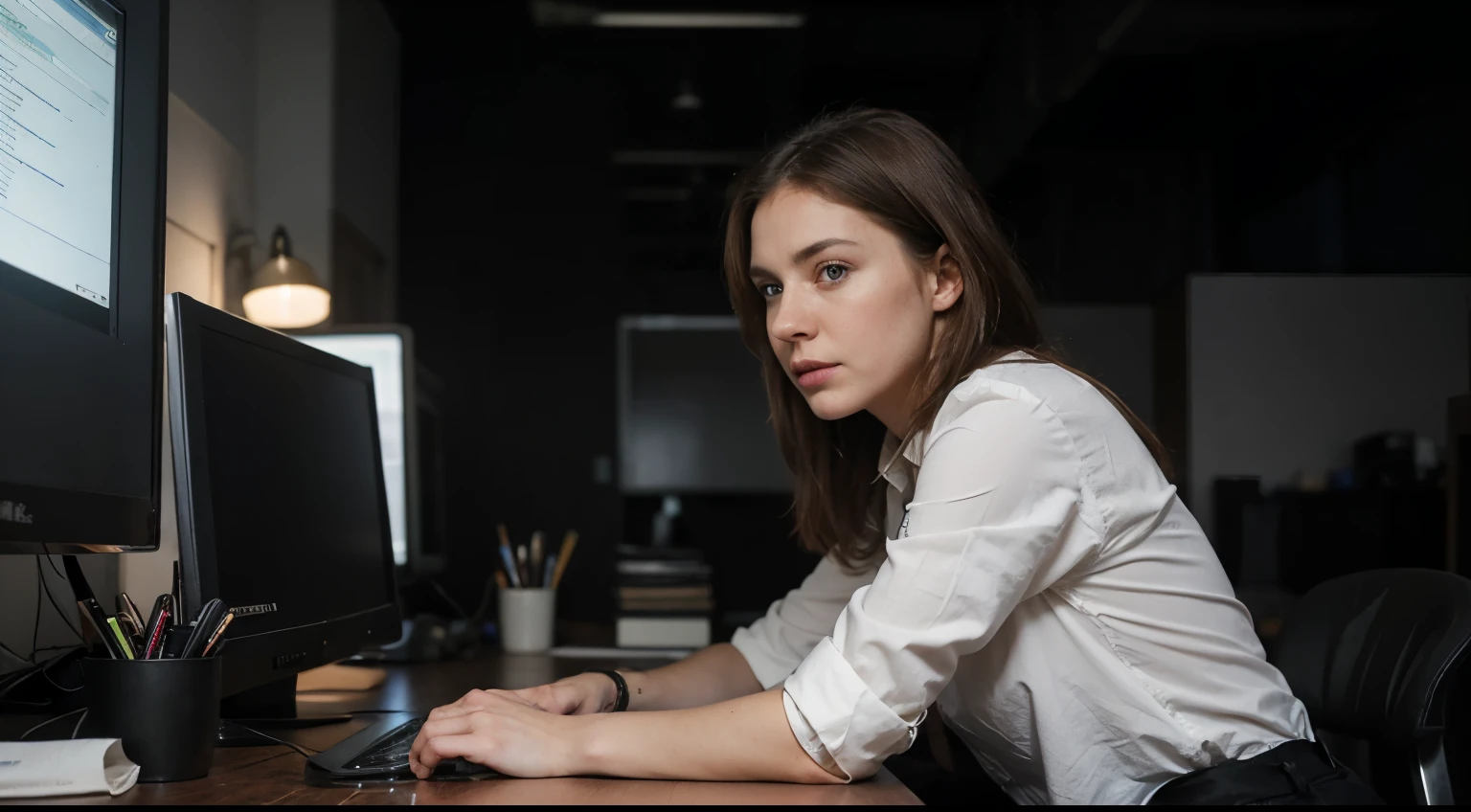 Establish a dimly lit huge office space, SARAH 30s, weary, enters, bags under her eyes, signaling exhaustion, working on her computer, black business suit, She stumbles towards her cubicle, side angle, 8k ultra HD image, cinematic composition, realistic photograph, highly detailed image.