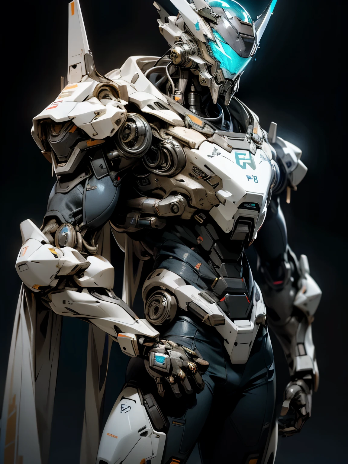 Blue Armor, White helmet, Cyberpunk, Futuristic, Male Exo Suit, Sleek Mech Suit, Black background, character standing in the middle of the screen, no blur, no glow, plain picture, Ultra high resolution, 8k, Studio lighting