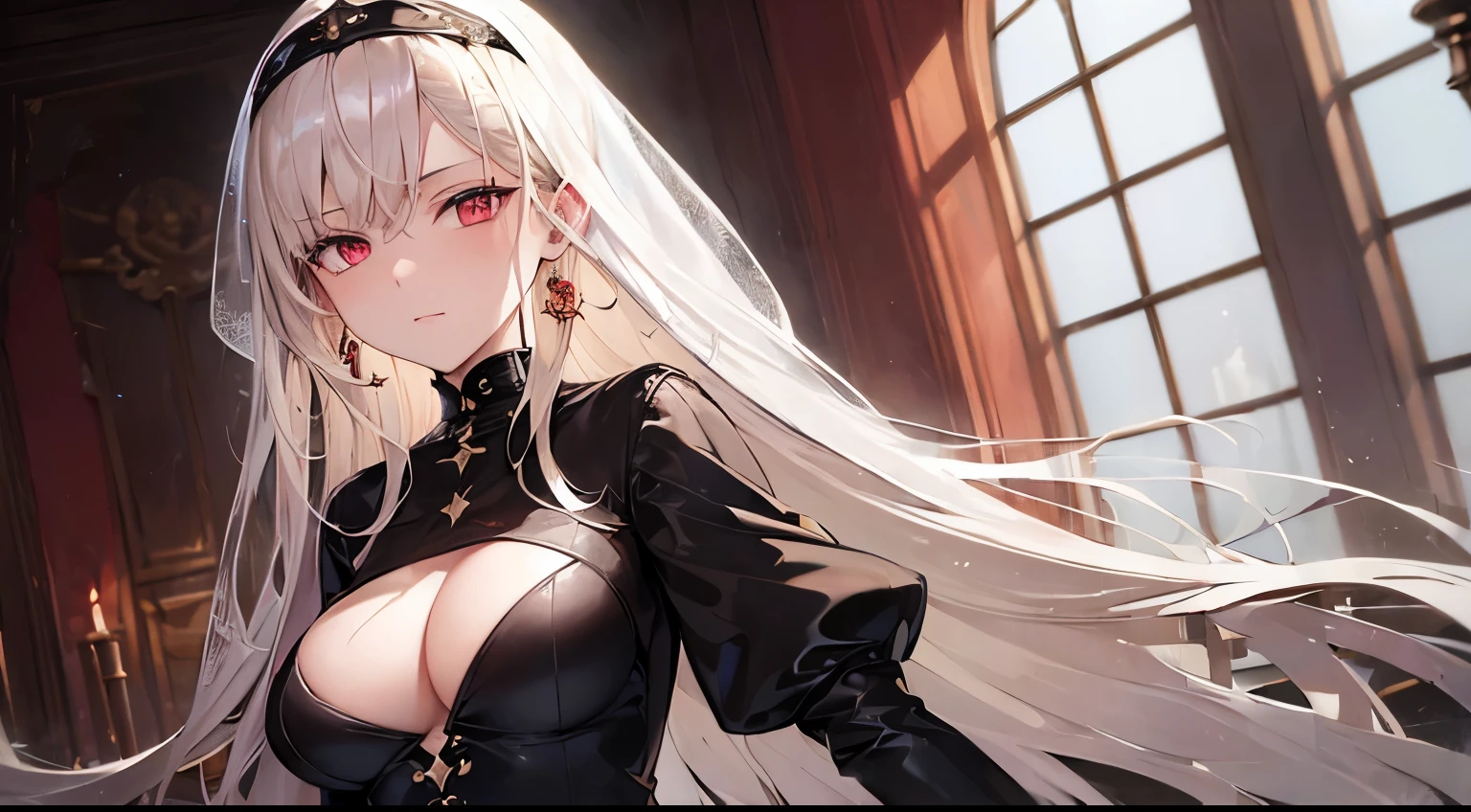 ((Masterpieces: 1.4)), high quality, 1girl, (platinum blonde hair: 1.2) with red eyes young girl with hair ornament and nun outfit in the middle of dark colored room filled with old topaz sanctuary, elegant, smooth, mature, smug perfect face, perfect body, nun