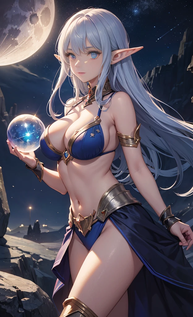 the hair,Nice face,blue bikini armor,Heterochromatic pupil,fully body photo,half moon,under moonlight,(tmasterpiece:1.1),(Best quality:1.1),(HighDynamicRange:1),ambient light,Super girl, mystical elf, looking into crystal ball, holding mysteries, showing a microcosm space, stars, unique, huge breasts, cleavage, candlelight, dark background, atmosphere of mystery, smoke, subtle multicolored lighting,