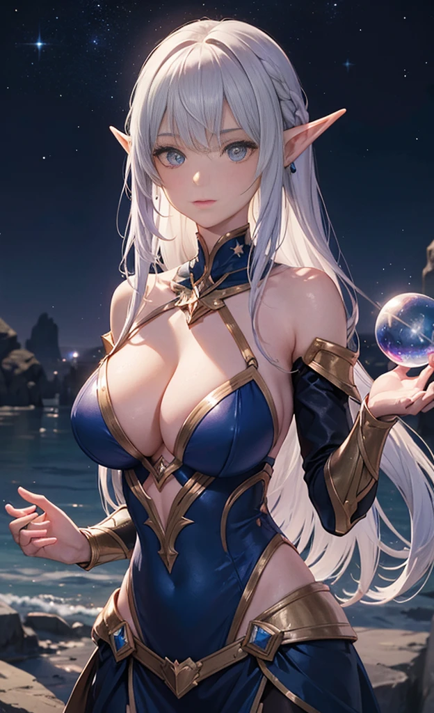 the hair,Nice face,blue bikini armor,Heterochromatic pupil,fully body photo,half moon,under moonlight,(tmasterpiece:1.1),(Best quality:1.1),(HighDynamicRange:1),ambient light,Super girl, mystical elf, looking into crystal ball, holding mysteries, showing a microcosm space, stars, unique, huge breasts, cleavage, candlelight, dark background, atmosphere of mystery, smoke, subtle multicolored lighting,