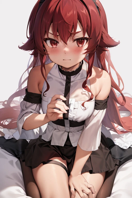 pantyjob, panties on penis, eris greyrat, 1girl, ahoge, bangs, bare shoulders, black footwear, black hairband, black skirt, closed mouth, frilled skirt, frills, hairband, long hair, long sleeves, looking at viewer, object hug, pantyhose, red eyes, red hair, shirt, sidelockackground, skirt, solo, stuffed animal, stuffed toy, teddy bear, very long hair, white background, white pantyhose, white shirt, commentary request, anho, mushoku tensei