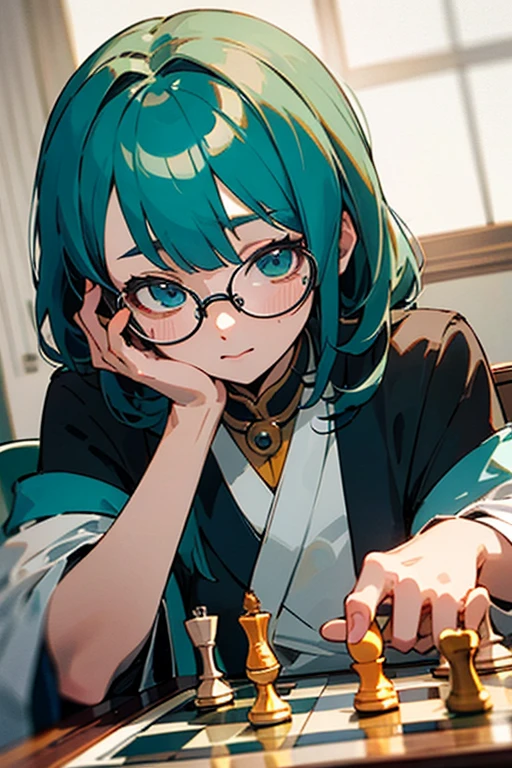 ((best quality)), ((master part)), (circunstanciado), rosto perfeito, anime girl, play chess, nerd, Glasses, Greenhead,