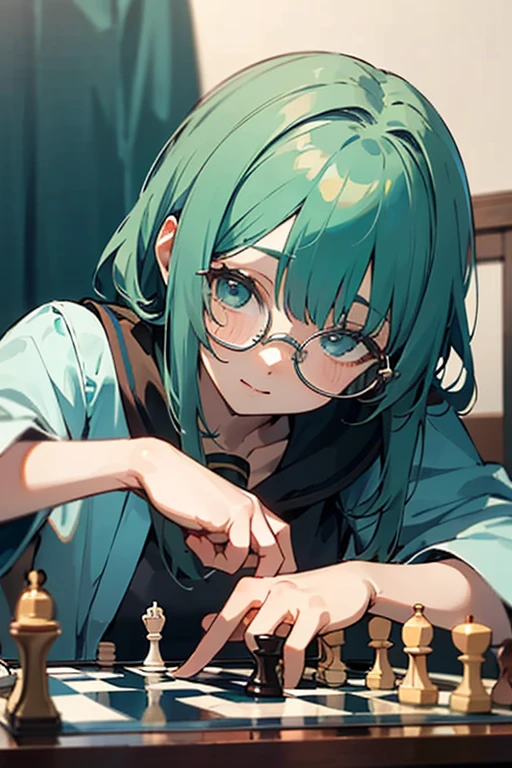 ((best quality)), ((master part)), (circunstanciado), rosto perfeito, anime girl, play chess, nerd, Glasses, Greenhead,