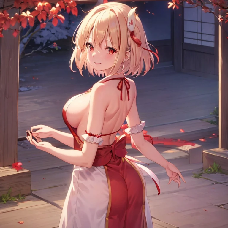 Top image quality 1人 独奏 shrine maiden clothe a smile Beautiful back Transverse breasts The whole picture Blonde Short Bob Red ribbons Senzoku Nishikiki