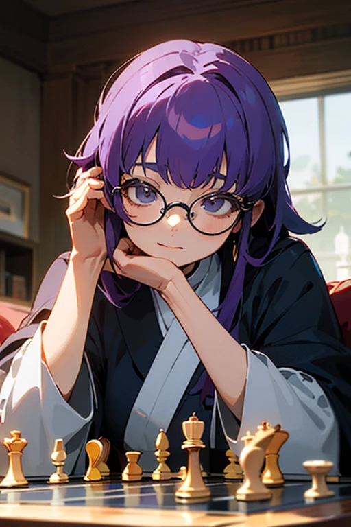 ((best quality)), ((master part)), (circunstanciado), rosto perfeito, anime girl, play chess, nerd, Glasses, purplehead,