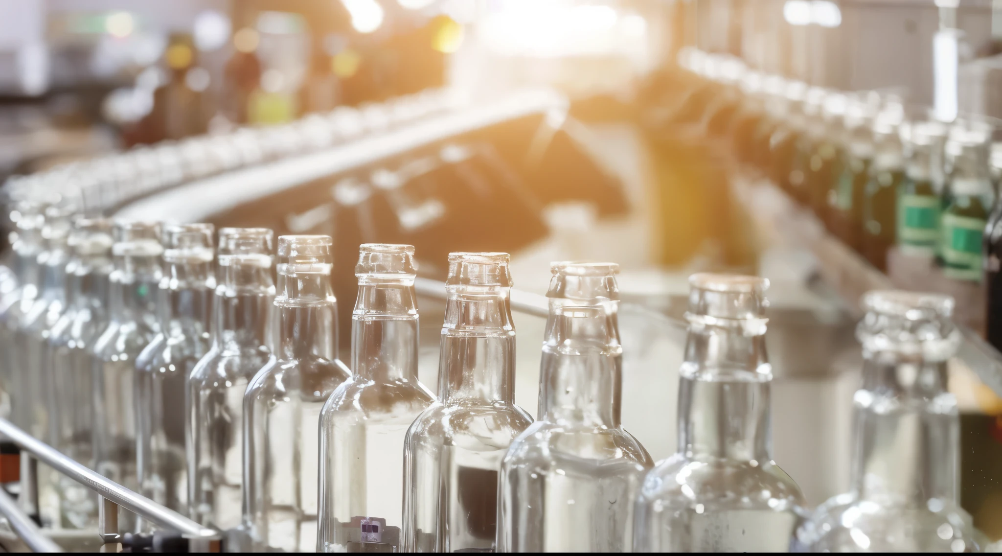 glass bottles of Gin on a conveyor belt in a factory with a blurry and orange light  background, bottles, glass bottle of Gin, transparent background, robots drinking alcohol, beer bottles, bottle, glass vials, droplets flow down the bottle, interesting background, vials, captured in bottles, tilt shift glass background,  industries, stock image, stock photo, schnapps, description, futuristic factory, realistic image, 16k resolution