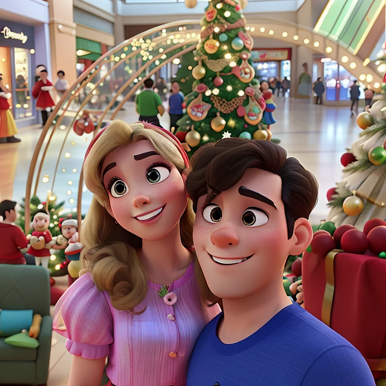 A Disney Pixar-style couple in the mall in front of the Christmas tree, alta qualidade