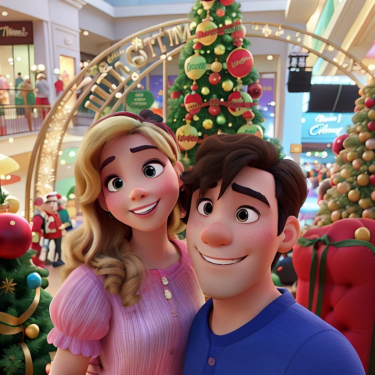 A Disney Pixar-style couple in the mall in front of the Christmas tree, alta qualidade