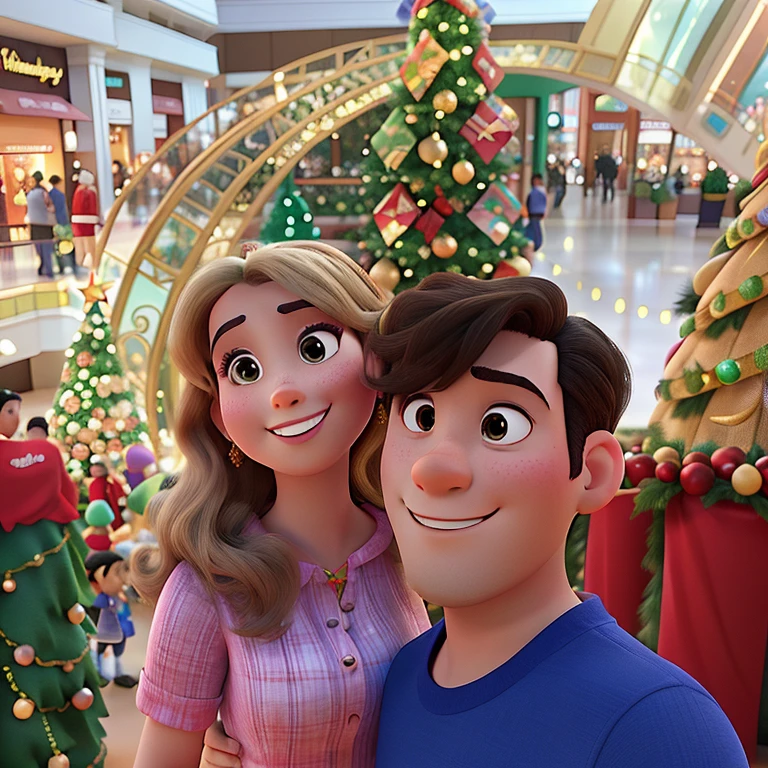 A Disney Pixar-style couple in the mall in front of the Christmas tree, alta qualidade