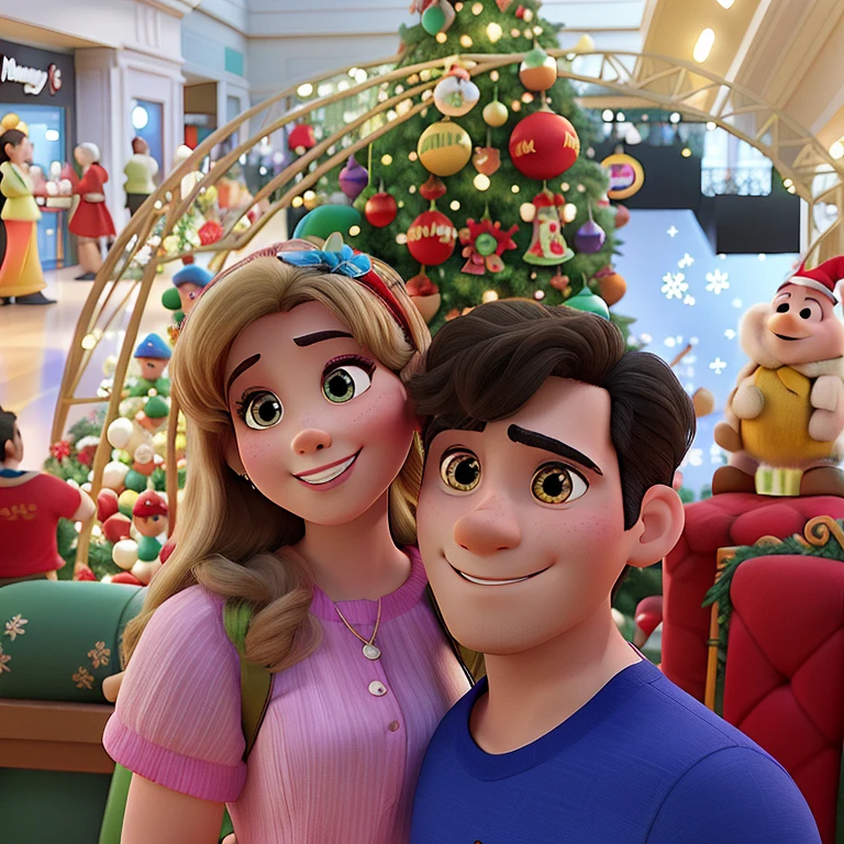 A Disney Pixar-style couple in the mall in front of the Christmas tree, alta qualidade