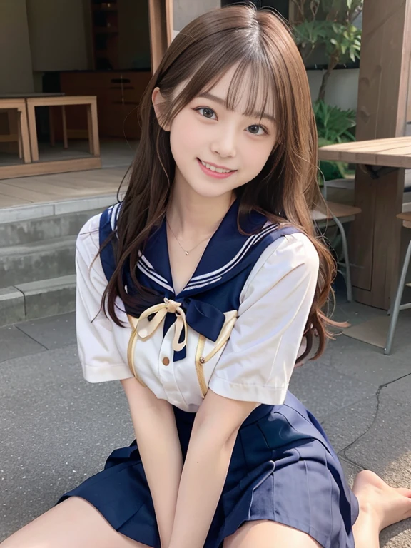 japanes、girl with、1人、sixteen years old、A dark-haired、length hair、high-school uniform、a sailor suit、やぶけた白いa sailor suit、Underwear on bare chest（Ren Hao）is visible、shortsleeves、cleavage of the breast、Dark blue mini skirt、thighs thighs thighs thighs、knee sox、tiny chest、Gentle smile、lightly dressed、Skin revealing