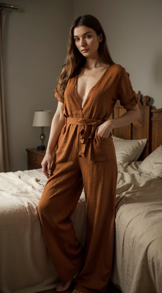 a woman standing in a bedroom wearing a dark orange linen jumpsuit, warm cosy colors, jovana rikalo-emma andijewska-magdalena radziej-lucette barker merged, entire body visible, full body, hyperrealistic, real human skin, best quality, 8K, masterpiece, extremely intricate, detailed eyes, detailed face, detailed body, exaggerated features, pronounced features, fujifilm