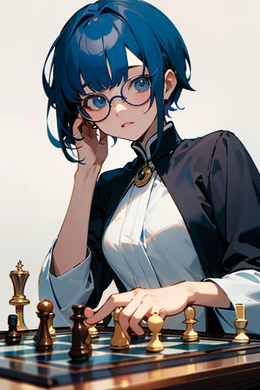 ((best quality)), ((master part)), (circunstanciado), rosto perfeito, anime girl, play chess, nerd, Glasses, bluehead,