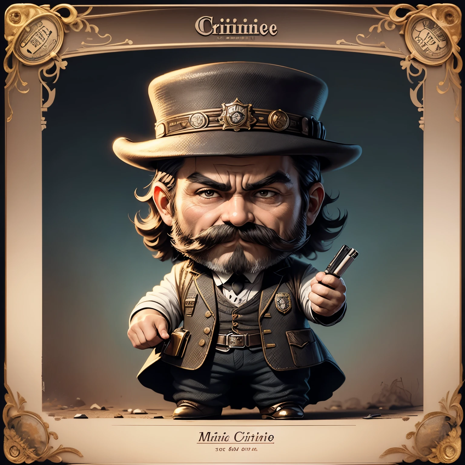 ​masterpiece、top-quality、ultra-detailliert、(Chibi character wanted criminal:1.2)cigarette card, detailed portrait, Vintage Illustration, hight resolution, Realistic colors, Complex drawing, Old textures, Vibrant colors, Dramatic Lighting, Full body shot, nevada state hat, nothing but a mustache,wanted poster