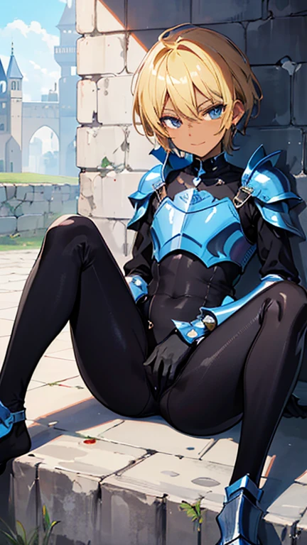 (((Official art,superfine illustration,hight resolution, masutepiece, best qualtiy,Best Quality,)))hightquality, detaileds, (A ),12 years oknight male idol with a super cute face,A boy as beautiful as Planding, Cool handsome face with smile, soccer spike, Long legs, thighs thighs thighs thighs, Foots, Bulge, (Blonde hair、Spiky hairstyle)、Shiny hair, (tight shiny black inner bodysuit), ((Medieval armor:1.2)), tussock, Cool pose, (厚いthighs thighs thighs thighs、Seduce your big ass to your crotch)、(((a medieval castle)))、((cocky、))、Smirk、Spread legs,Ultra-fine painting, (Best Quality, 4K, 8K, hight resolution, masutepiece:1.2),(((Being aware of the sexual gaze of middle-aged gay men)))、Service Shots、(((Dark skin)))、((detailedsな目:1.2))、A cute eye seen through the cracks in the armor、