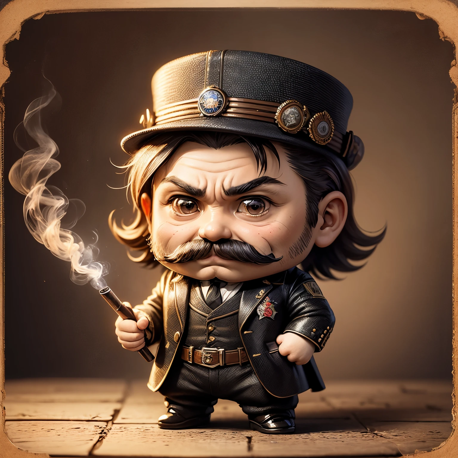 masterpiece、top-quality、ultra-detailliert、(Chibi character wanted criminal:1.2)cigarette card, detailed portrait, Vintage Illustration, hight resolution, Realistic colors, Complex drawing, Old textures, Vibrant colors, Dramatic Lighting, Full body shot, nevada state hat, nothing but a mustache,wanted poster