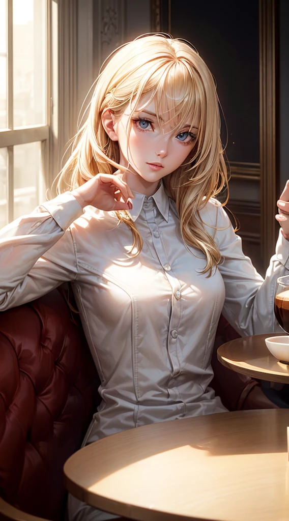 Photo of woman in suit sitting at table with coffee window sunlight, a blond, Dynamic Pose, Skin Texture, pale skin, Shiny skin, (slim, , (sharp focus on face, Detailed face, Perfect eyes, Looking at Viewer:1.2):0.2], Photorealistic, Film grain, Best Quality, masutepiece