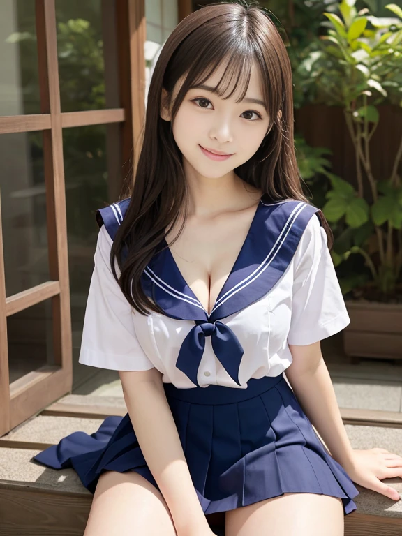 School uniform, Sailor Suit, serafuku, Dark blue pleated skirt, take the hem of the shirt out of the skirt, running pose,knee high stockings,  Straight long black hair, bangss、s lips、without makeup、short eyelashes、watching at viewers、A smile、Photorealsitic、high-level image quality、masutepiece, Best Quality, 8K, Beautie、Fine details