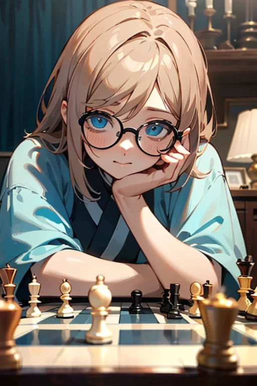 ((best quality)), ((master part)), (circunstanciado), rosto perfeito, anime girl, play chess, nerd, Glasses, Whitehead, blue eyes