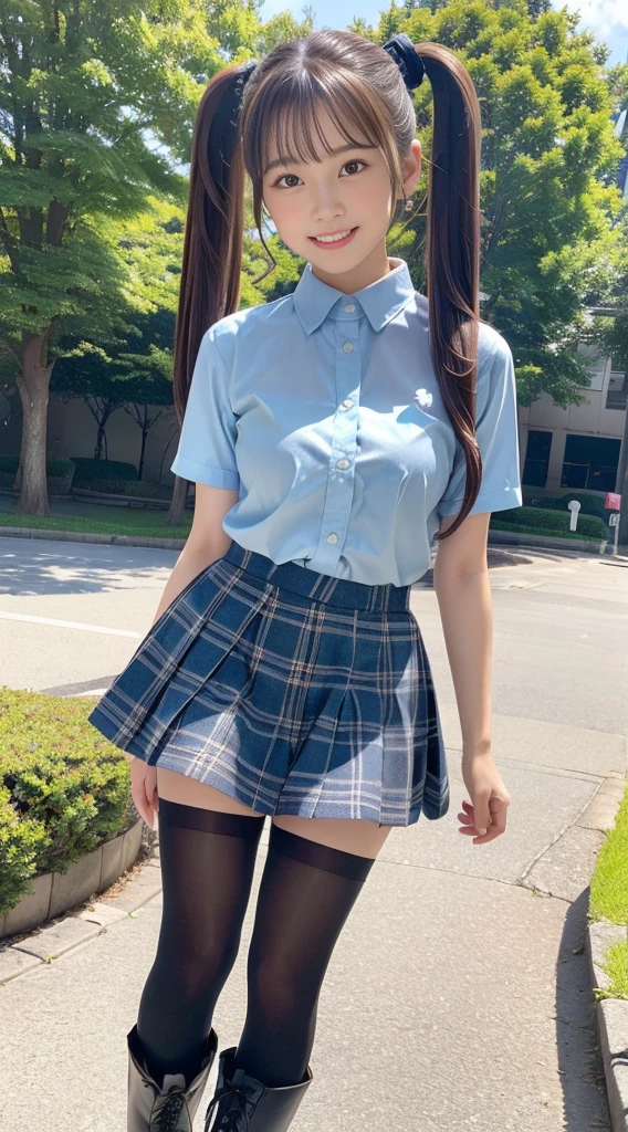(High quality, High resolution, Ultra-detailed, Realistic:1.37), (Full Body Pose)、(Photographing one girl in its entirety)、peaceful ambiance, (plein air, a park)、 ((large twin tails、Scrunchie))、18 year old high school girl standing alone、small tits, Beautiful detailed features, Cute smile, (A dark-haired), (short sleeve casual outfit), (Light blue shirt)、(Plaid mini skirt), (Black tights)、(tight round boots)、Stretching one leg